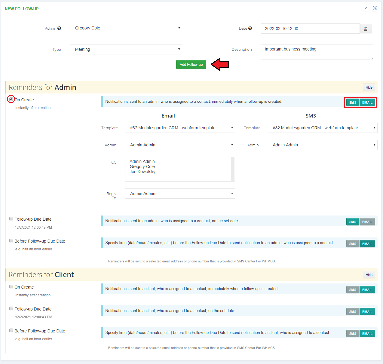 CRM For WHMCS: New Follow-up form with the reminders for admin and client sections and the Add Follow-up button