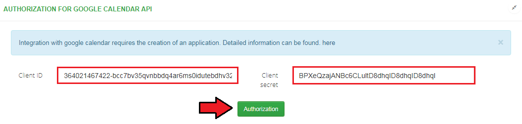 CRM For WHMCS: Authorization for Google Calendar API box with Client ID, Client secret and Authorization button