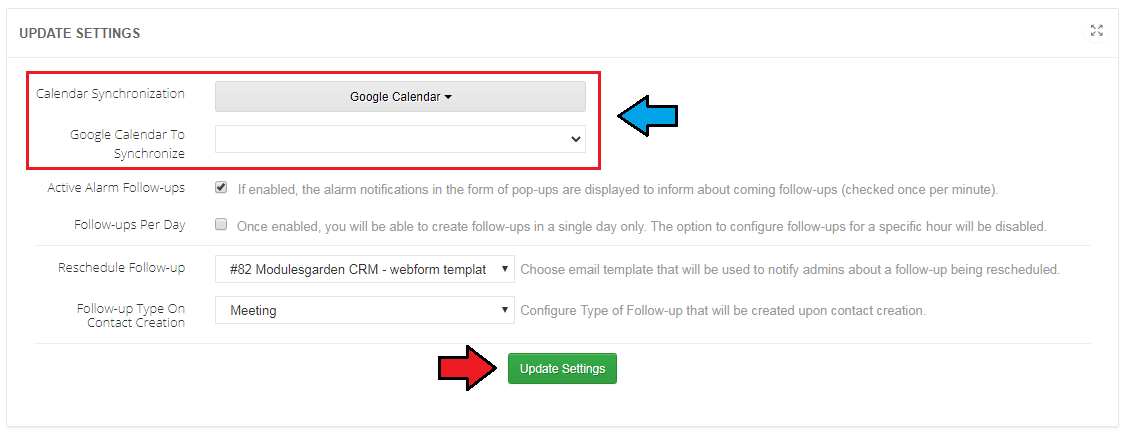 CRM For WHMCS: Update Settings box in Follow-ups with Google Calendar synchronization and calendar dropdown