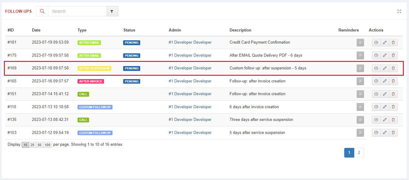 CRM For WHMCS: Follow-ups list with the highlighted After Suspension follow-up created by the automation rule