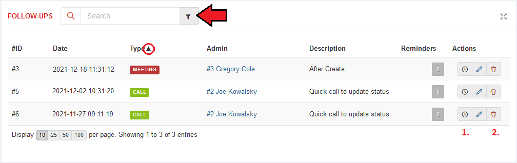 CRM For WHMCS: Follow-ups table of a contact with the search filter button, sortable Type column and action buttons