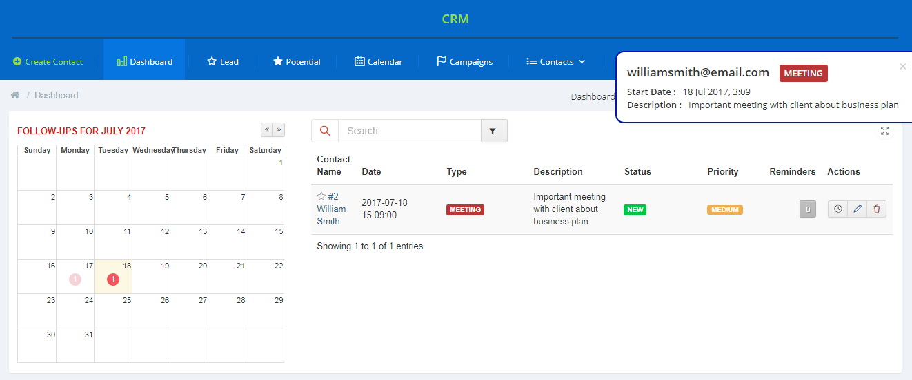 CRM For WHMCS: Dashboard with a follow-up alarm pop-up notification in the corner and the follow-ups calendar