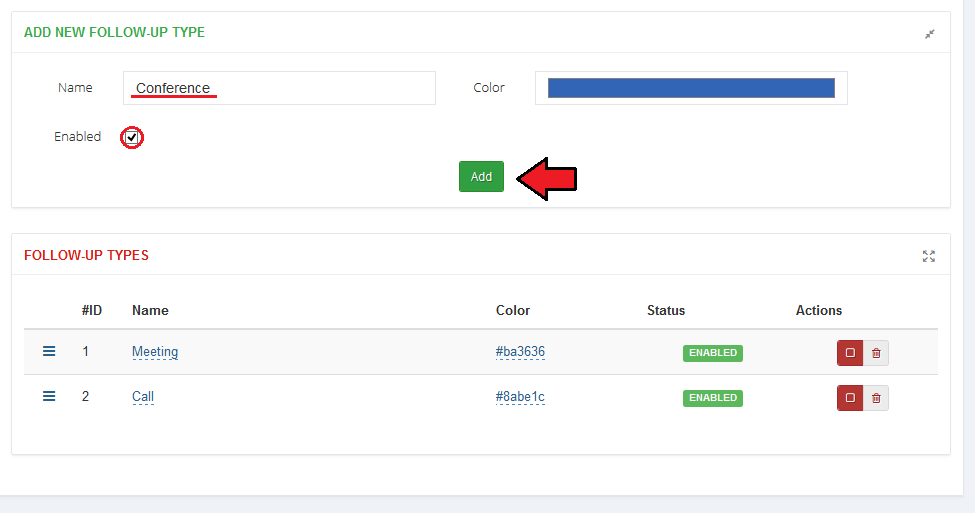 CRM For WHMCS: Follow-ups settings with the Add New Follow-up Type form and the list of follow-up types