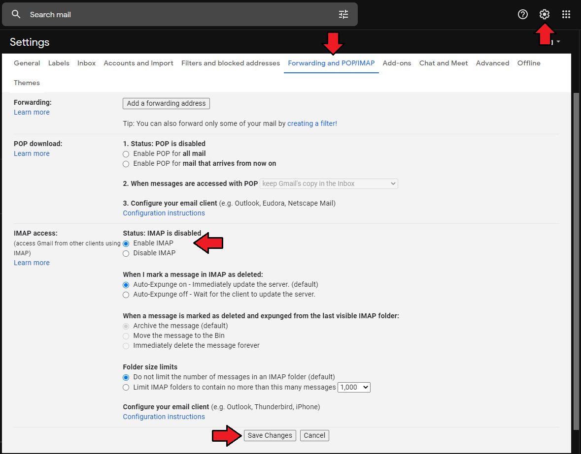 CRM For WHMCS: Gmail Settings page, Forwarding and POP/IMAP tab, with the Enable IMAP option and Save Changes button