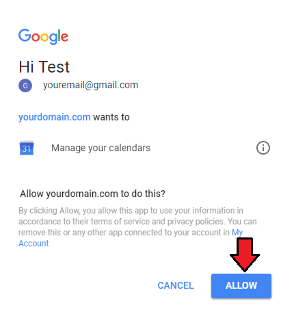 CRM For WHMCS: Google consent window asking to allow the domain to manage your calendars with the Allow button