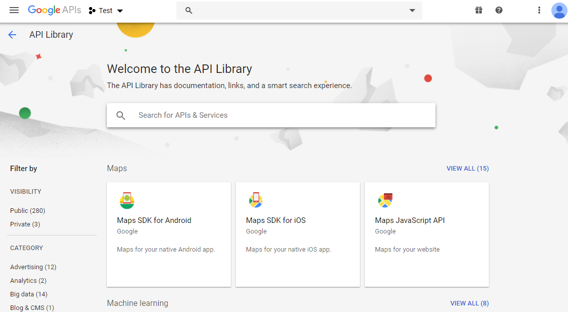 CRM For WHMCS: Google APIs Library page with the search box for finding the Google Calendar API