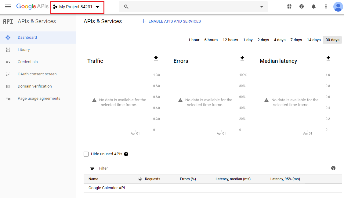 CRM For WHMCS: Google APIs and Services dashboard with the project selector in the top bar highlighted