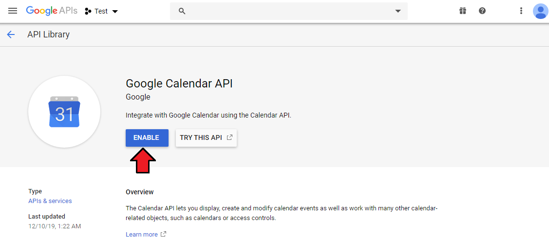 CRM For WHMCS: Google Calendar API page in the Google API Library with the Enable button highlighted