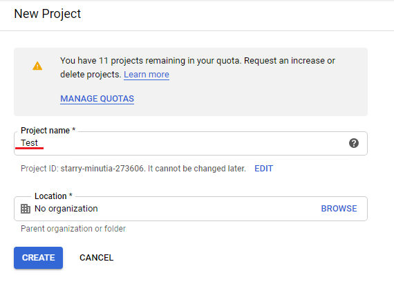 CRM For WHMCS: Google Cloud New Project form with the project name field and the Create button