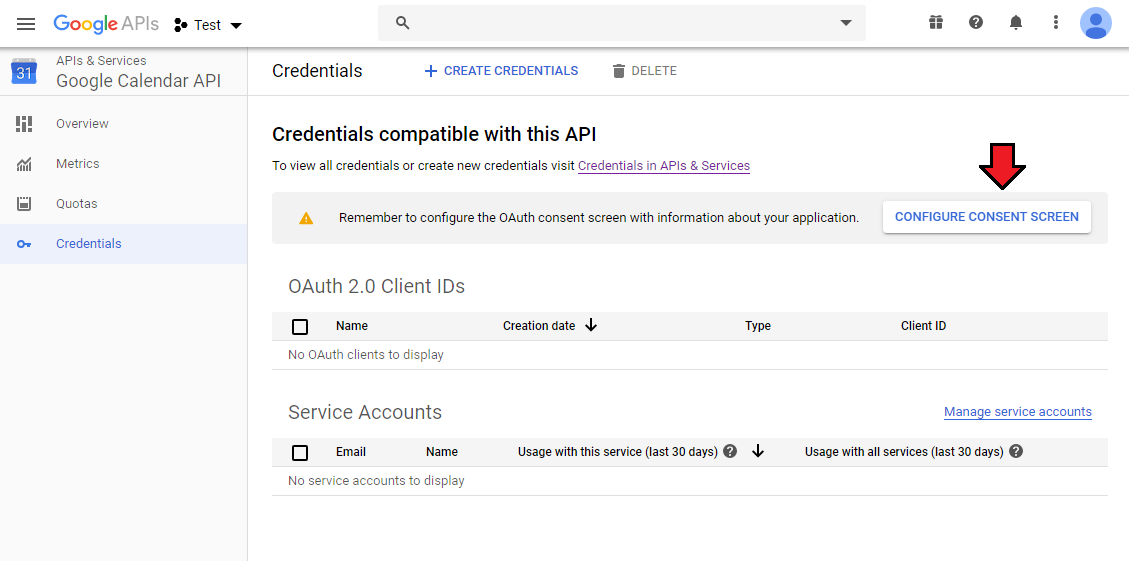 CRM For WHMCS: Google Calendar API Credentials page with the Configure Consent Screen button highlighted