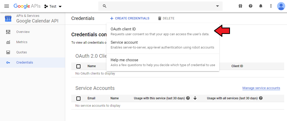 CRM For WHMCS: Google Calendar API Credentials page with Create Credentials menu and OAuth client ID option