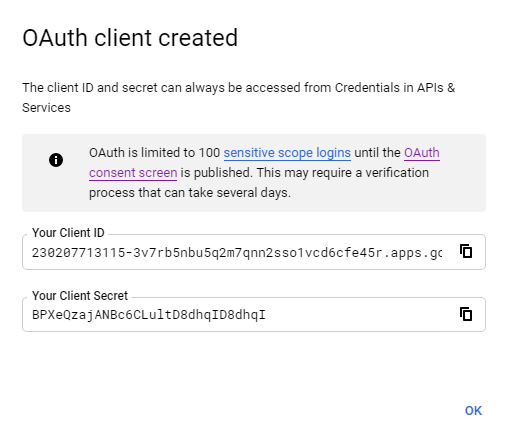 CRM For WHMCS: Google dialog showing the created OAuth client ID and client secret