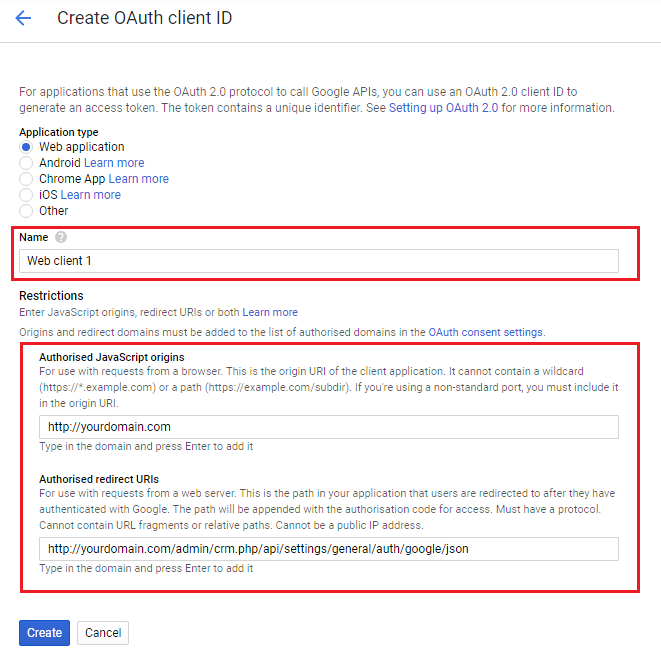 CRM For WHMCS: Google Create OAuth client ID form with name, JavaScript origins and redirect URI fields
