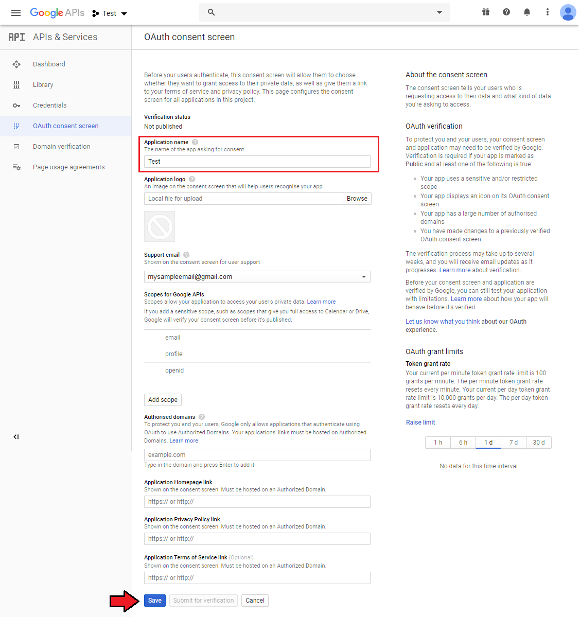 CRM For WHMCS: Google OAuth consent screen form with the application name filled in and the Save button