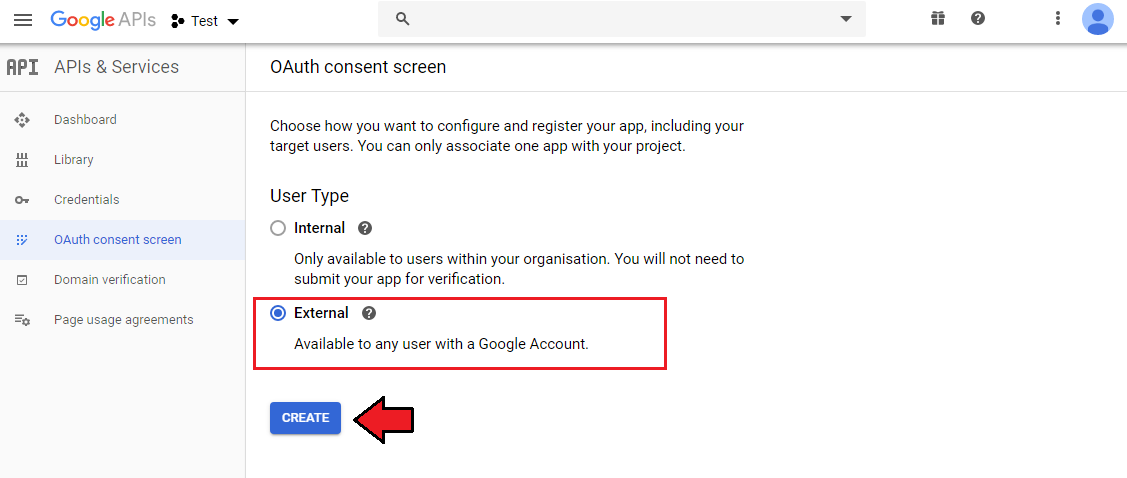CRM For WHMCS: Google OAuth consent screen with the External user type selected and the Create button