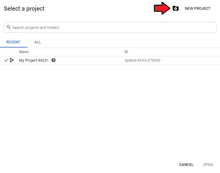 CRM For WHMCS: Google Select a project window with the New Project button highlighted