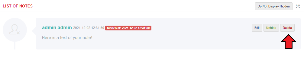 CRM For WHMCS: hidden note in the list of notes with Unhide and Delete buttons and Do Not Display Hidden