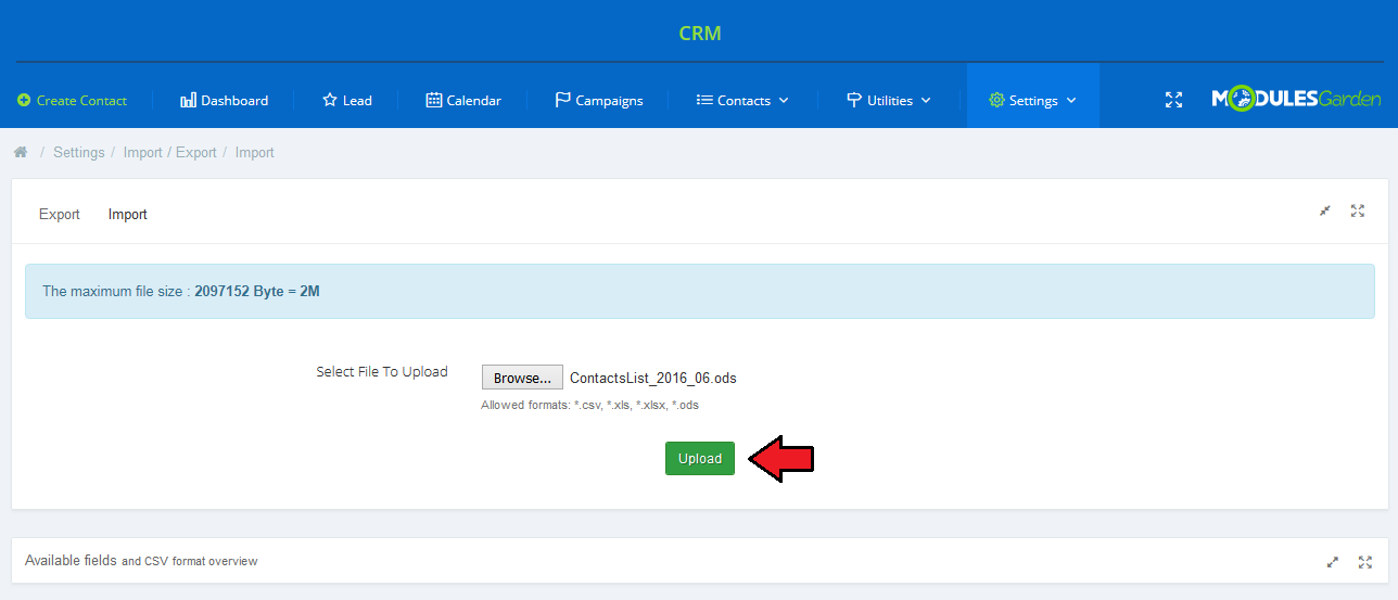 CRM For WHMCS: Settings Import/Export Import tab with a selected contacts file, allowed formats and the Upload button