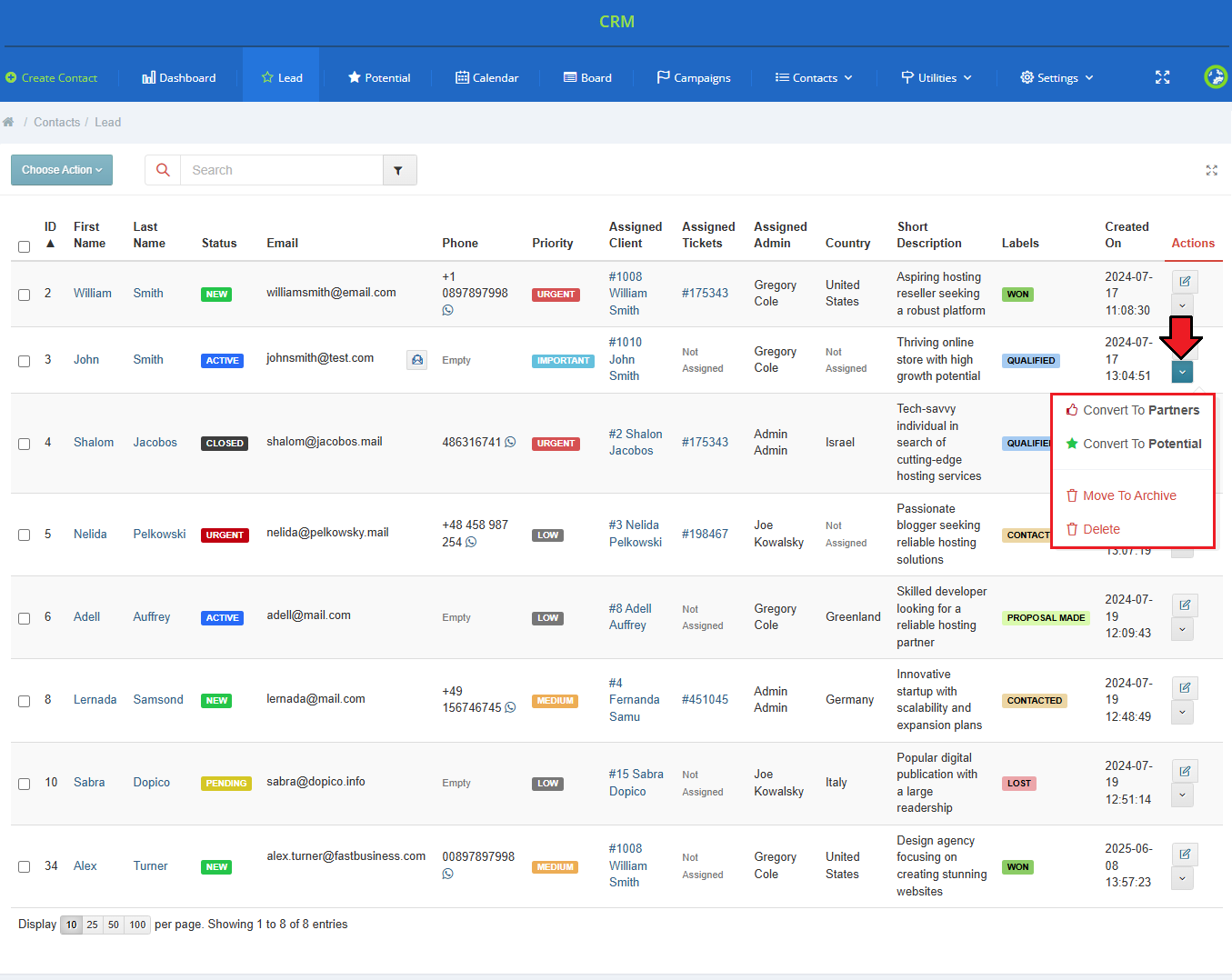 CRM For WHMCS: CRM Lead contacts list with the row action drop-down showing Convert, Move To Archive and Delete