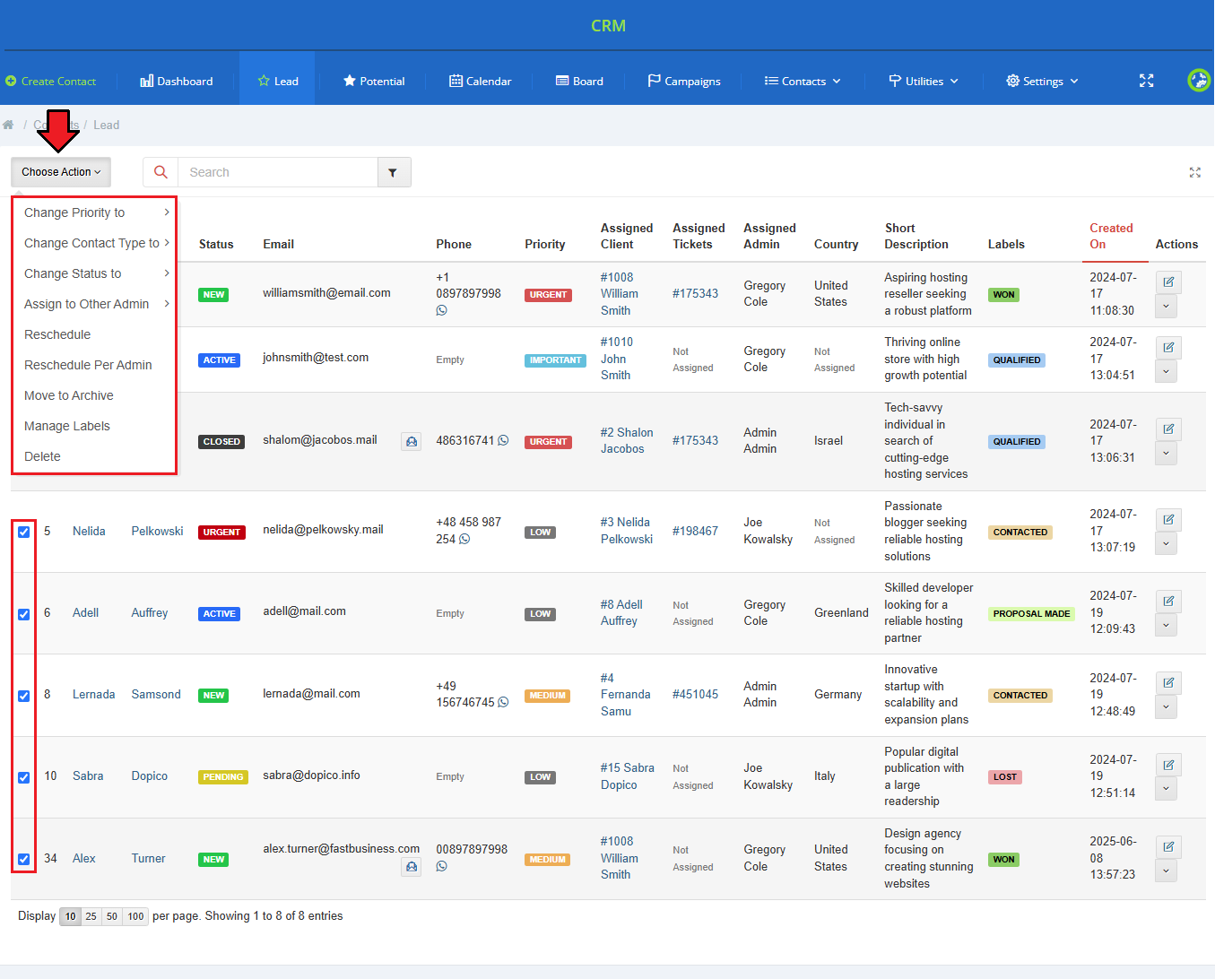 CRM For WHMCS: CRM Lead contacts list with several rows selected and the Choose Action menu expanded