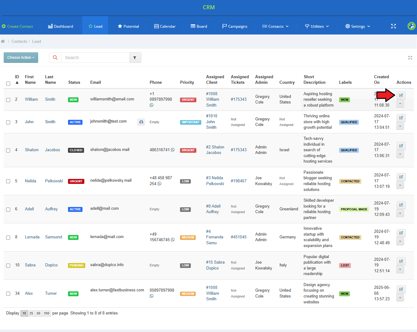CRM For WHMCS: CRM Lead contacts list with an arrow on the edit pencil icon in the Actions column