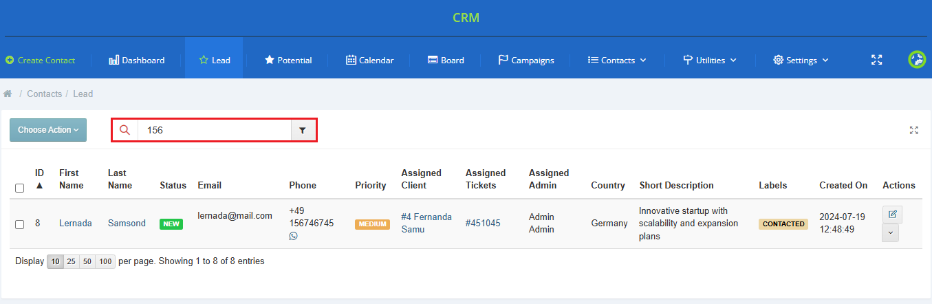 CRM For WHMCS: CRM Lead contacts list filtered by a search phrase typed into the Search field