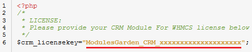 CRM For WHMCS: license.php file in an editor with the CRM license key between the quotation marks