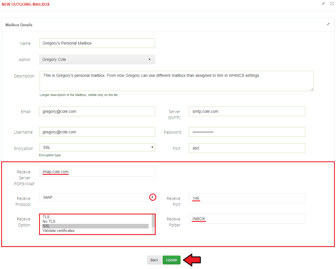 CRM For WHMCS: mailbox form with the receive server, protocol, port, option and folder fields highlighted