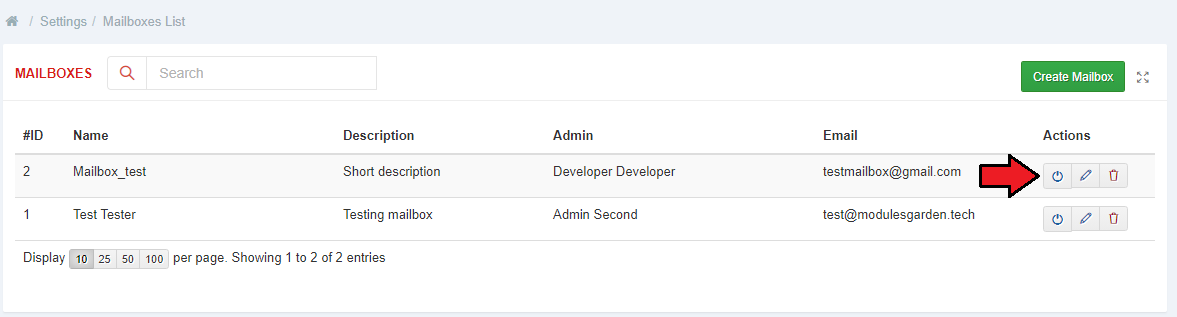 CRM For WHMCS: Mailboxes list with the connection check button highlighted in the Actions column