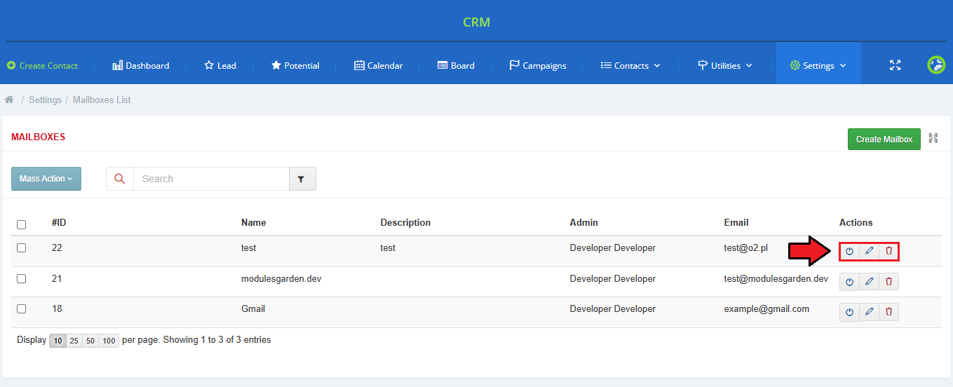 CRM For WHMCS: Mailboxes list with the action buttons for sending a test email, editing and deleting highlighted