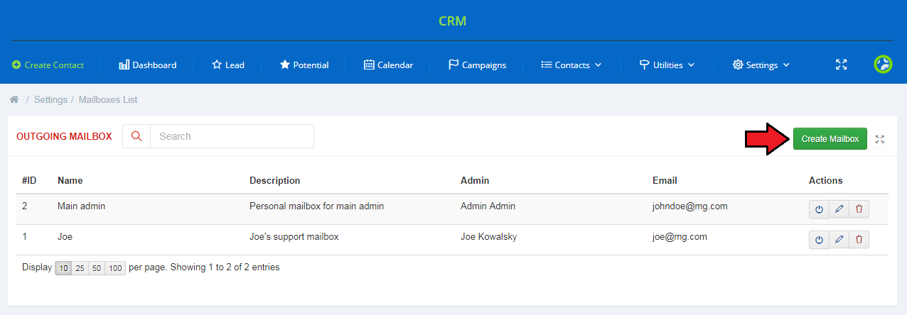 CRM For WHMCS: Mailboxes list with the Outgoing Mailbox table and Create Mailbox button highlighted