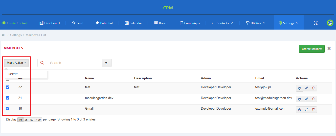 CRM For WHMCS: Mailboxes list with several mailboxes selected and the Mass Action menu showing Delete