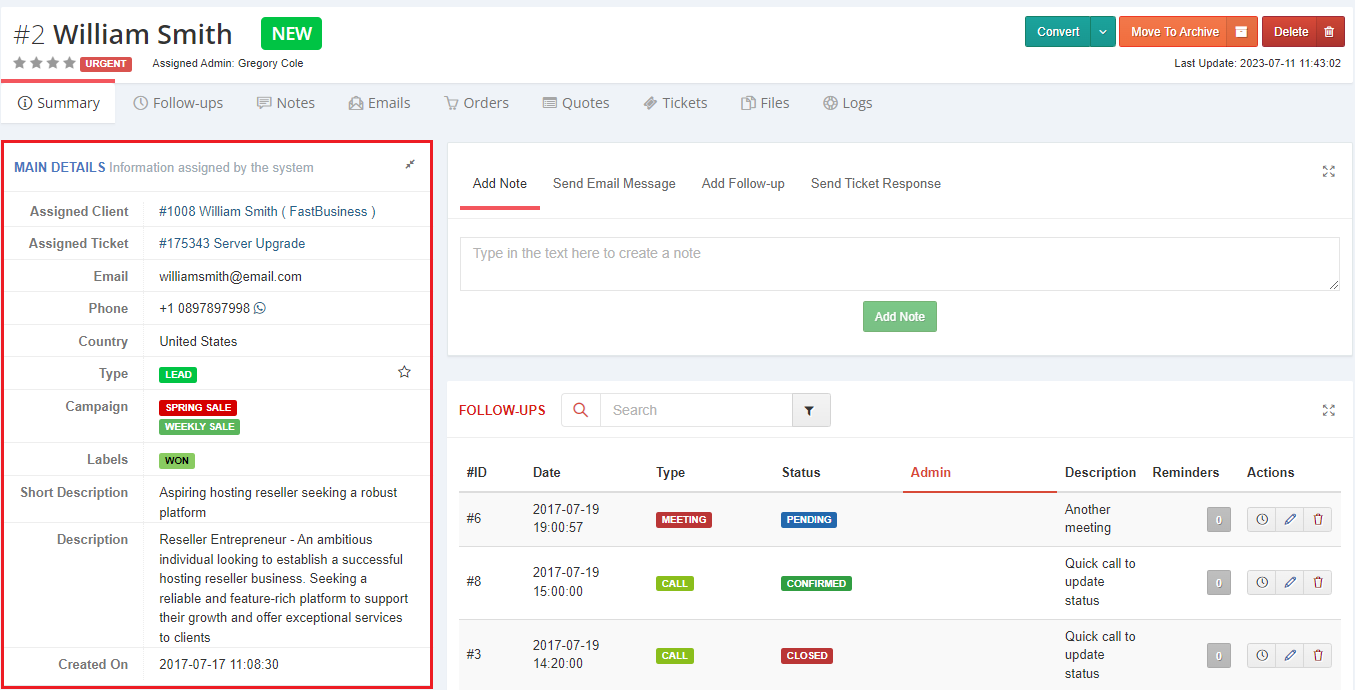 CRM For WHMCS: contact summary page with the Main Details widget highlighted on the left side