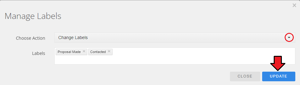 CRM For WHMCS: Manage Labels dialog with the Change Labels action, selected labels and the Update button