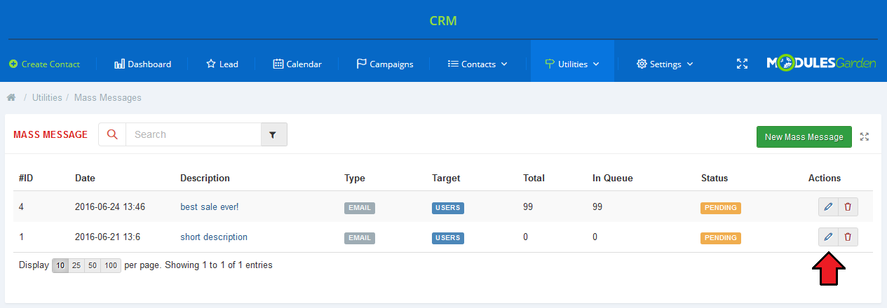 CRM For WHMCS: Mass Messages list with the new template and its Edit and Delete action buttons, Edit highlighted