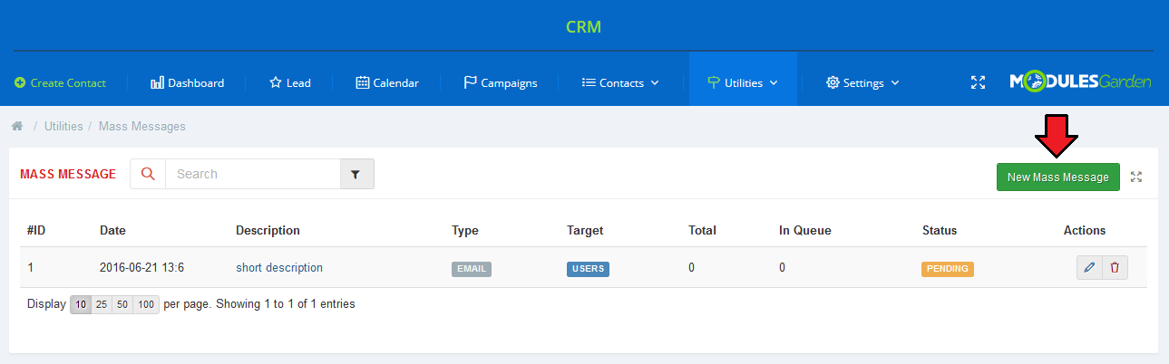 CRM For WHMCS: Utilities Mass Messages list with an existing template and the New Mass Message button highlighted
