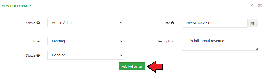 CRM For WHMCS: New Follow-up form with admin, date, type, status and description fields and Add Follow-up button