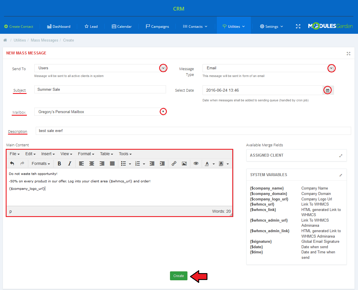 CRM For WHMCS: New Mass Message form with recipients, subject, mailbox, description, editor and merge fields