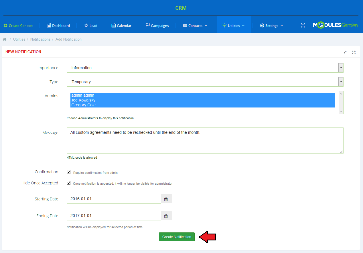 CRM For WHMCS: New Notification form with importance, type, admins, message, confirmation and date fields