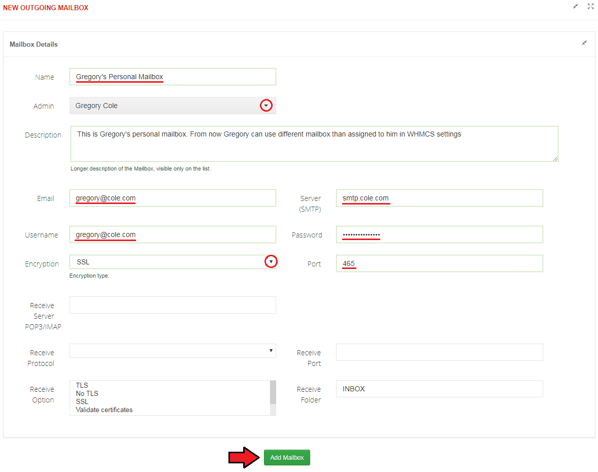 CRM For WHMCS: New Outgoing Mailbox form with SMTP details and the Add Mailbox button
