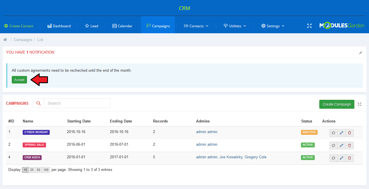 CRM For WHMCS: CRM Campaigns list page showing the notification widget with the Accept button highlighted
