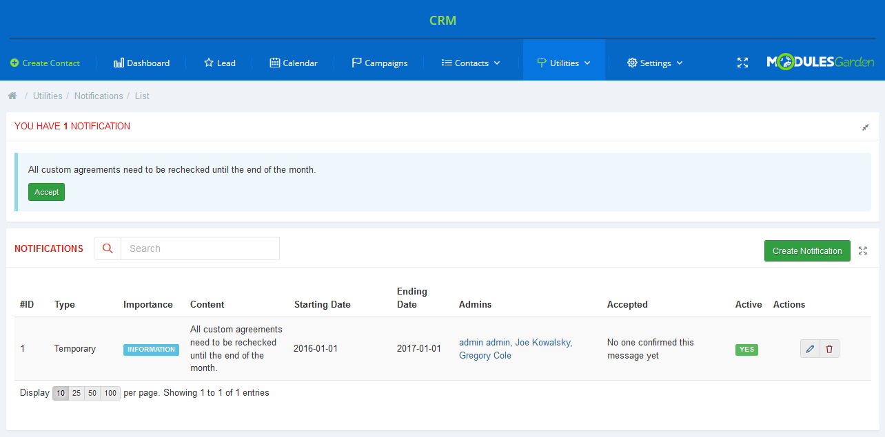 CRM For WHMCS: Notifications list with the new notification message, the Accept button and the notification table row