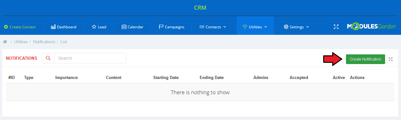CRM For WHMCS: Utilities Notifications list with no entries and the Create Notification button highlighted