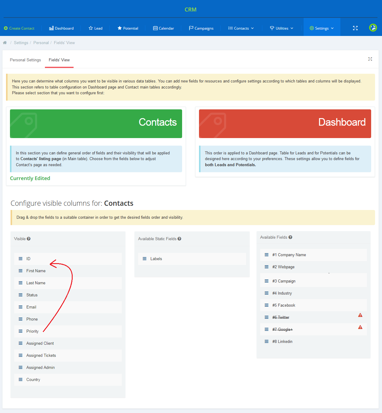 CRM For WHMCS: Fields' View tab with Contacts and Dashboard sections and the visible fields columns