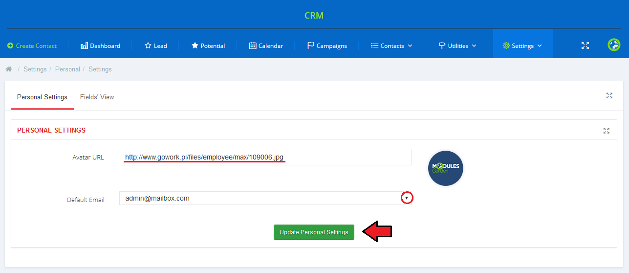 CRM For WHMCS: Personal Settings tab with the avatar URL, Default Email dropdown and update button