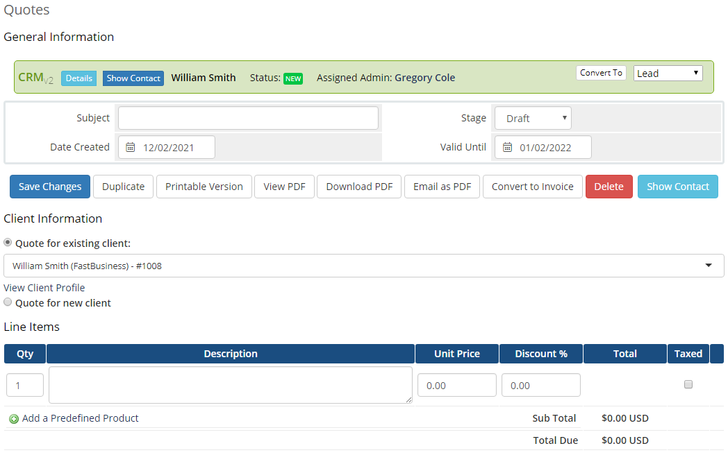 CRM For WHMCS: quote edit page with general information, client information and line items for a contact