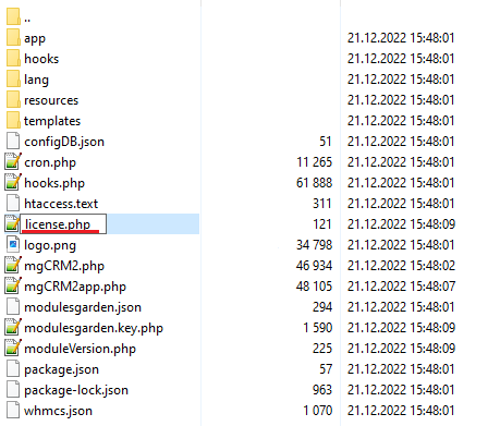 CRM For WHMCS: mgCRM2 module folder listing with the license.php file being renamed from licenseRENAME.php