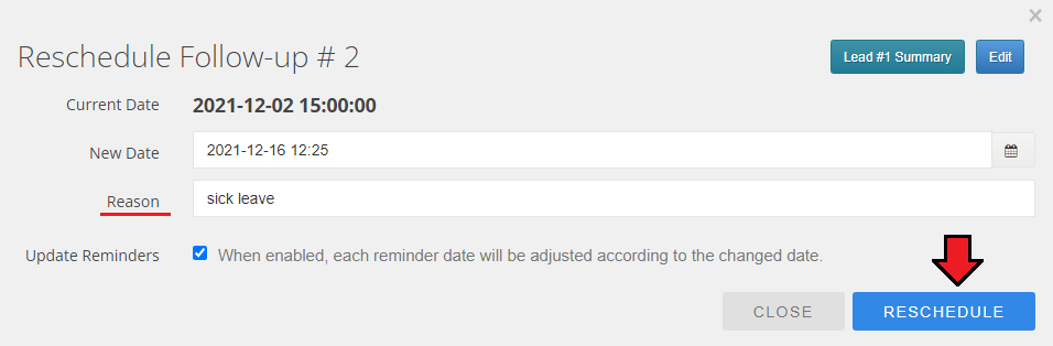 CRM For WHMCS: Reschedule Follow-up dialog with the new date, reason field, update reminders option and Reschedule