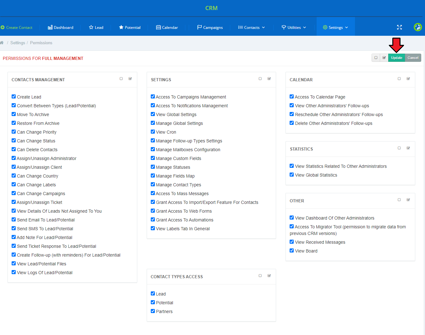 CRM For WHMCS: Permissions for the Full Management role with checkbox groups and the Update button at the top