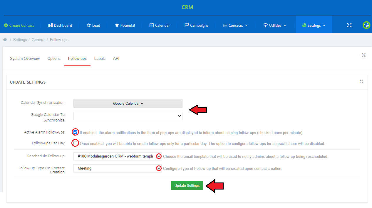 CRM For WHMCS: Settings General Follow-ups tab with calendar synchronization, alarm and follow-ups per day options